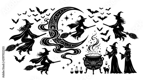 Halloween Silhouette Collection with Witches, Bats, Haunted Castles and Spooky Night Icons