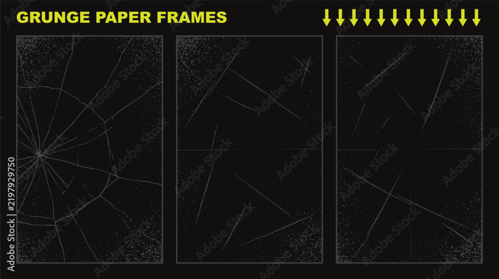 Obraz premium Set of three grunge paper frames with cracked glass and scratch textures, vintage distressed overlay effects for photography and design projects