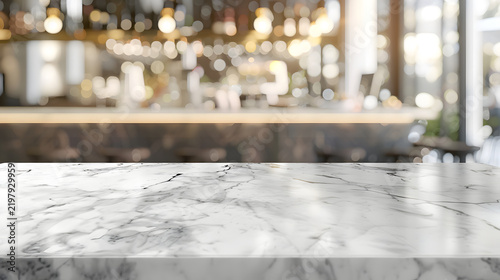 Blurred restaurant dining area behind polished white marble countertop surface with surface subtle veining restaurant background surface texture dining table reflective with furniture