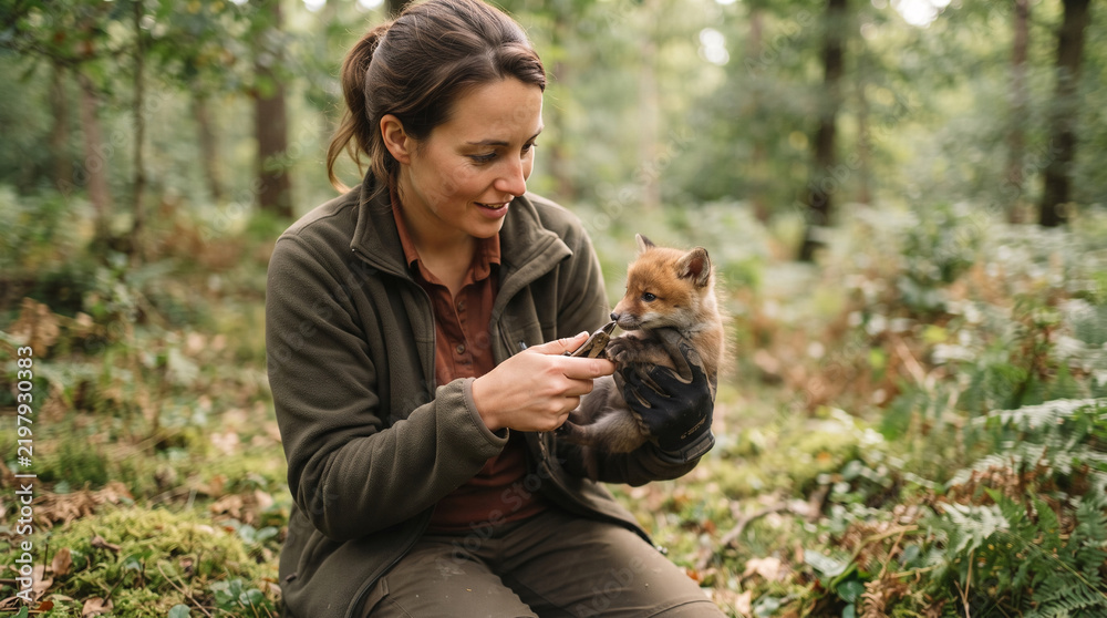 Fototapeta premium Wildlife rescuer gently handles tiny fox cub in lush forest setting