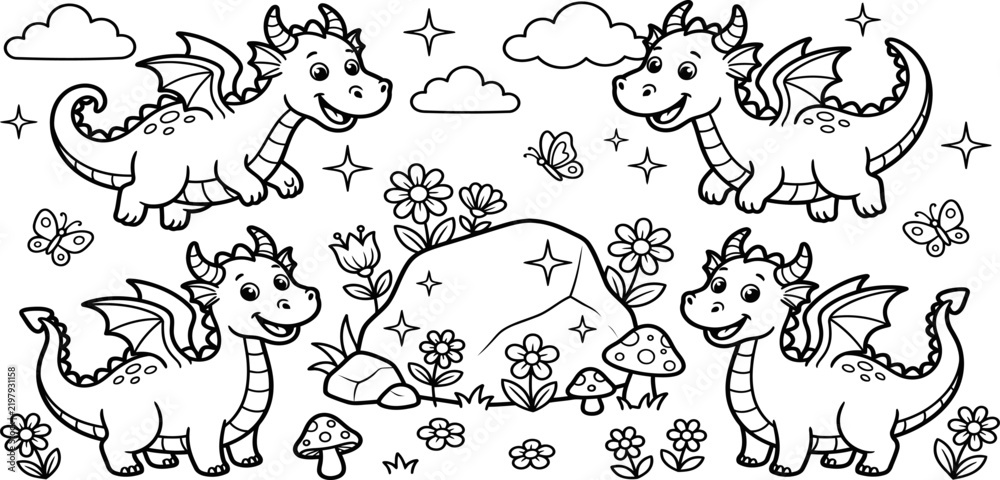 Obraz premium Cute cartoon dragons playing in a magical forest scene for children coloring book page black and white