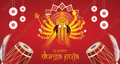 Durga Puja celebration banner featuring goddess drums ornaments and festive greetings vector poster
