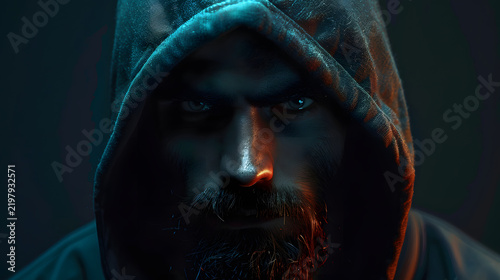 Mysterious hooded individual with intense expression in dark lighting with Person wears hood covering face focused gaze dim environment expressionless suspenseful atmospheric