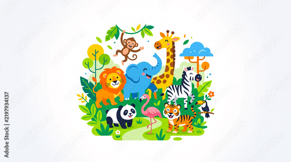 Fototapeta premium Diverse jungle animals gather in a vibrant and cheerful safari park setting