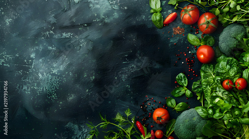 Assorted fresh produce arranged on dark textured background with ice effect with Fresh organic vegetables fruits dark dark icy surface food background natural light assortment