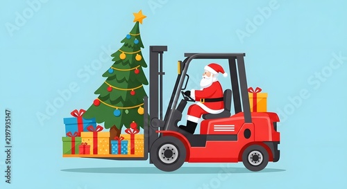 Santa Claus drives forklift carrying Christmas tree and wrapped gifts