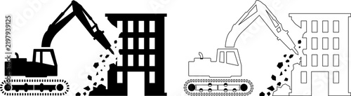 Building Demolition Icon Flat Outline Black Vector Design, industrial demolition, house destruction.