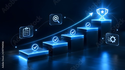 Glowing blue digital staircase leading to trophy symbolizing business success and goal achievement with holographic checklist search and gear icons representing strategic workflow progression