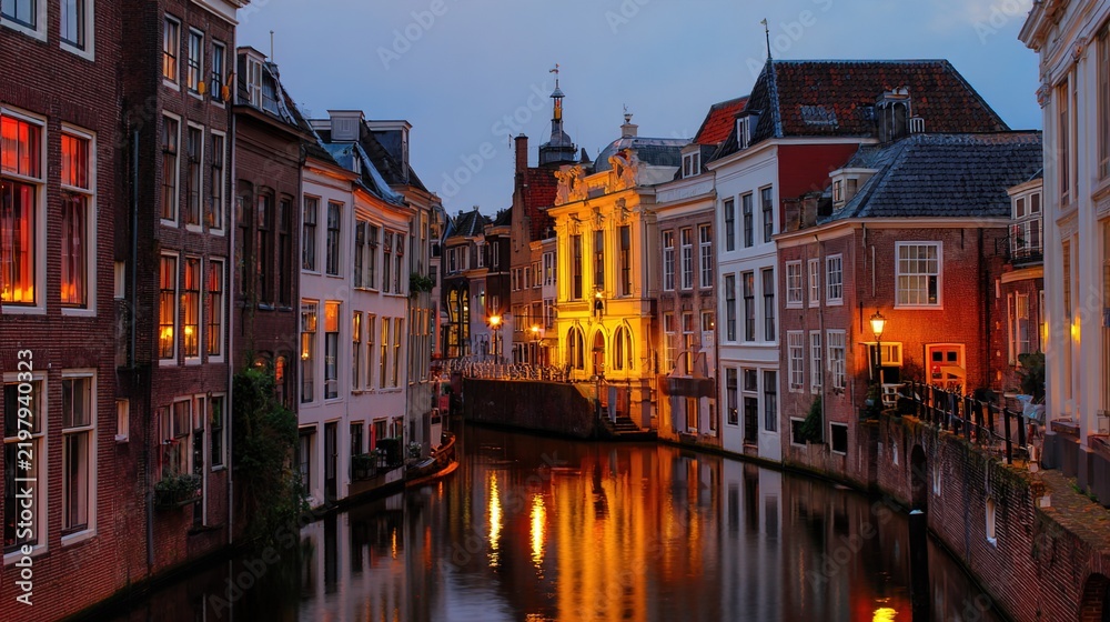 Obraz premium waterway. A serene canal mirroring historic buildings under the glow of twilight. real-estate listings, architecture portfolios, designed for interior renovation comparisons for interiors.
