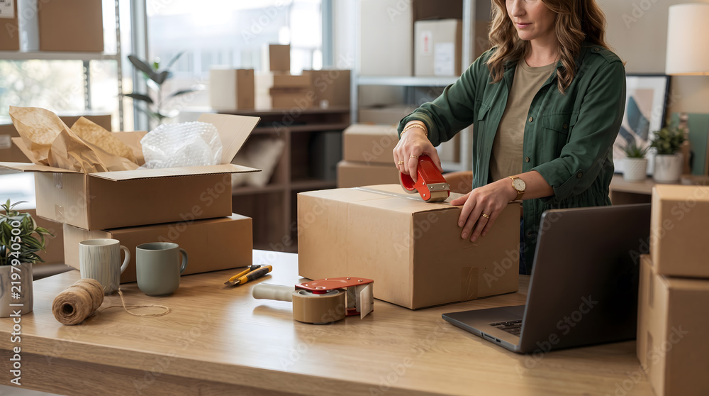 Fototapeta premium Woman packing cardboard box with tape dispenser in small business ecommerce warehouse