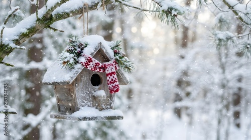 Snow Covered Wooden Birdhouse with Evergreen Branches in Winter.
