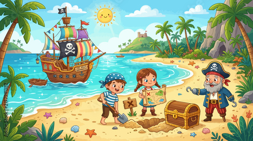Fotografie Pirates and Adventurers Explore Tropical Beach with Ship Treasure