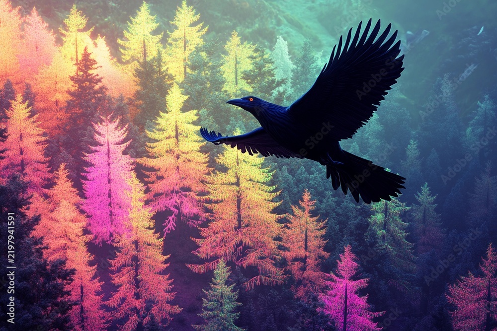 Fototapeta premium Giant bird soars above vibrant forest filled with colorful trees and magical atmosphere in daytime