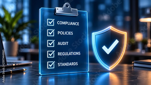 Digital compliance checklist concept with glowing security shield and corporate audit policies