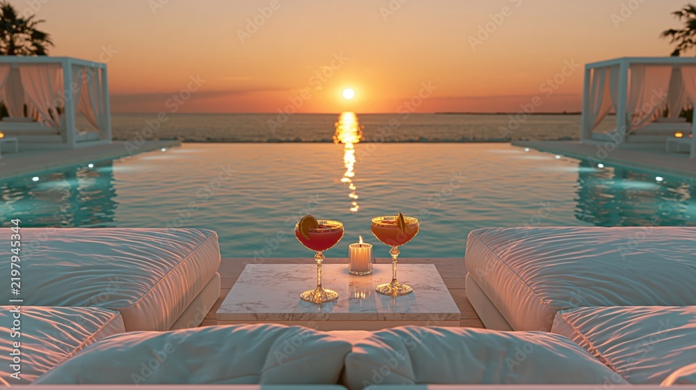 Fototapeta premium Two cocktails with candle at poolside sunset resort