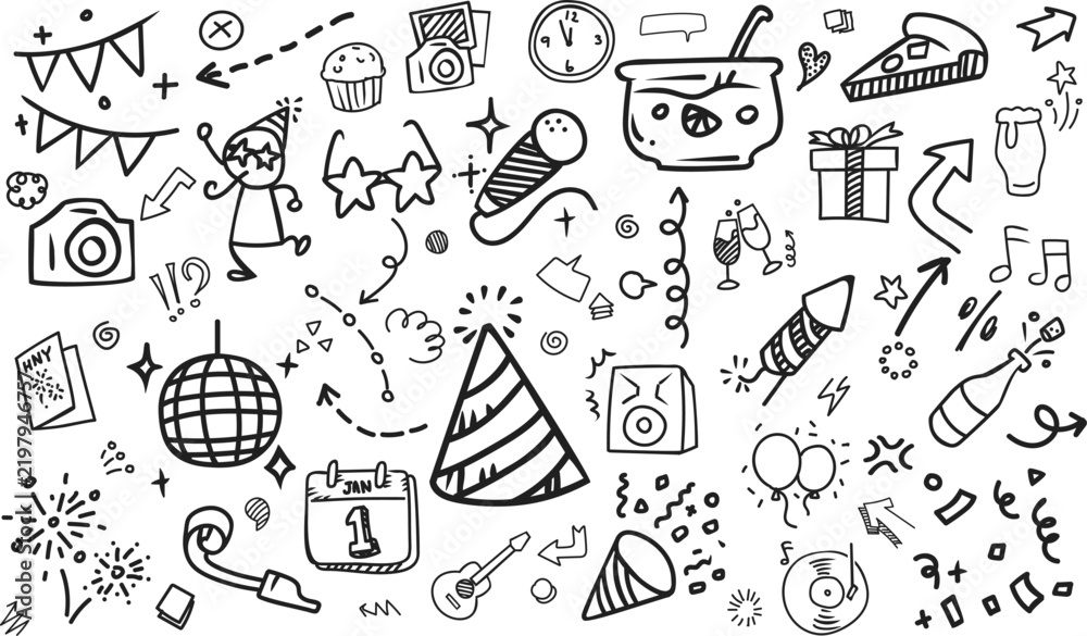 Fototapeta premium * New Year midnight countdown celebration doodle horizontal pattern
