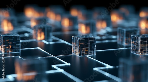 Advanced stock exchange tokenization platform visualized as rows of luminous digital blocks