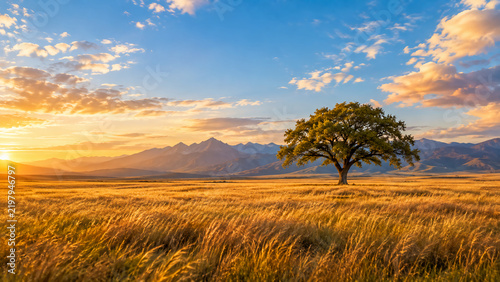 A lone tree stands in a golden field under a vibrant sky at sunset with mountains in the background.