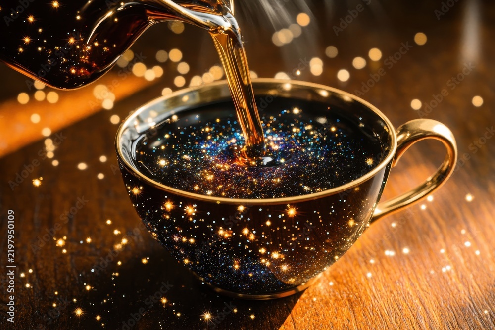 Fototapeta premium Pouring liquid into a luxury teacup creating a sparkling universe galaxy with cosmic stars
