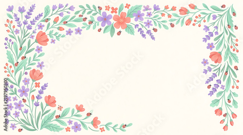 Vibrant spring wildflower frame with cute red ladybugs on soft cream background.