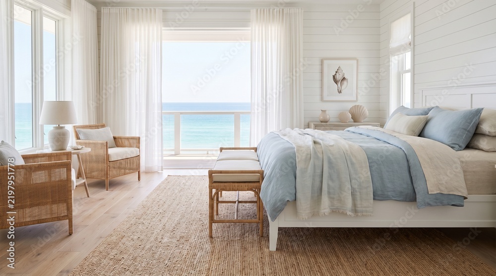 Fototapeta premium Coastal Style Bedroom Interior Featuring Large Windows with Beautiful Ocean Front Views