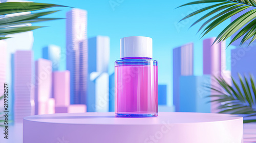 Vibrant perfume bottle stands on pedestal against backdrop of modern city skyscrapers, evoking sense of luxury and freshness