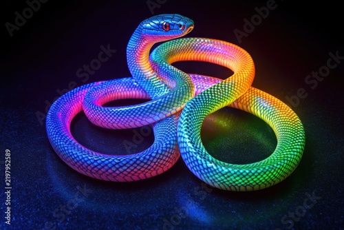 A colorful rainbow snake that intertwines gracefully on dark background