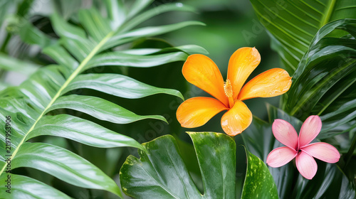 Vibrant orange and pink flowers surrounded by lush green leaves create stunning botanical scene, evoking sense of tranquility and beauty
