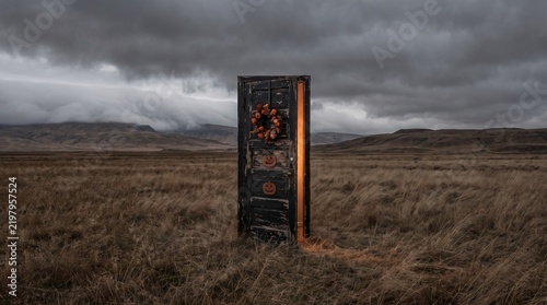 Mysterious Halloween door standing alone in an autumn field