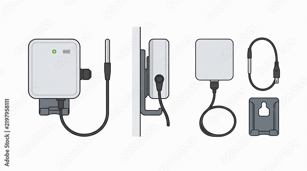 Obraz premium Electric vehicle charging stations and cables vector illustration