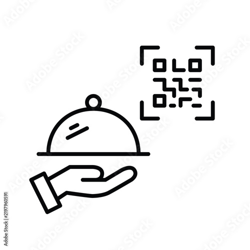 Scan qr code to order food or rate experience. Food cloche and menu. Pixel perfect, editable stroke vector icon