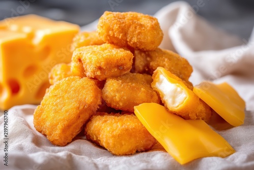 Stack of Cheese Stuffed Fried Chicken Nuggets with Cheddar Slices