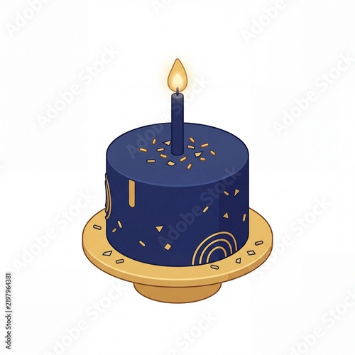 Clean minimalist flat illustration of a birthday cake with a single glowing candle, pure isolated subject, no shadow, no background elements, pure white solid background