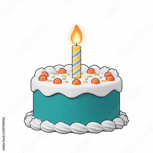 a clean minimalist flat illustration of a birthday cake with a single glowing candle, pure isolated subject, no shadow, no background elements, pure white solid background