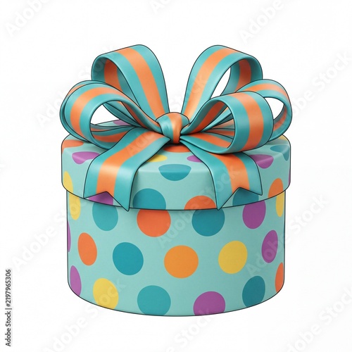 a clean minimalist flat illustration of a round birthday gift box with polka dots and a large bow, pure isolated subject, no shadow, no background elements, pure white solid background