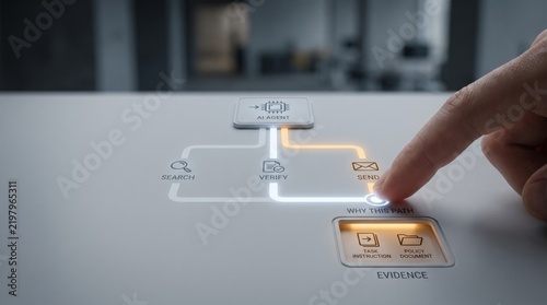 AI agent observability - A human hand uncovers a conceptual decision path, illustrating why an AI chose to send information instead of searching or verifying.