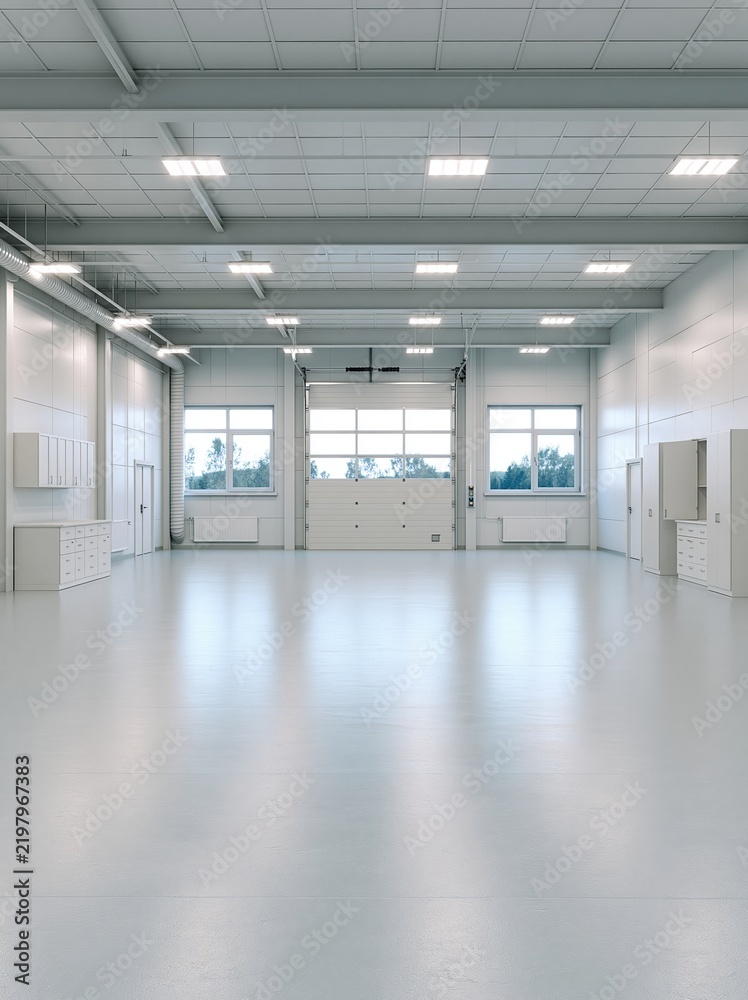 Fototapeta premium Spacious clean industrial garage interior with white cabinets