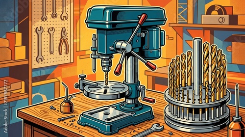 Obraz na płótnie Industrial Benchtop Drill Press Machine With Workshop Tool Bits Set