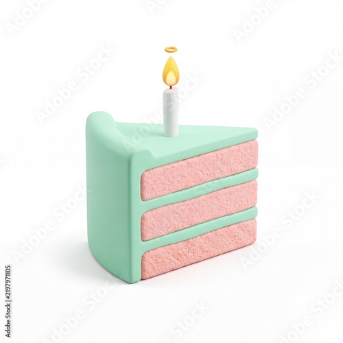 Clean minimalist flat illustration of a birthday cake slice with a single candle, pure isolated subject, no shadow, no background elements, pure white solid background 