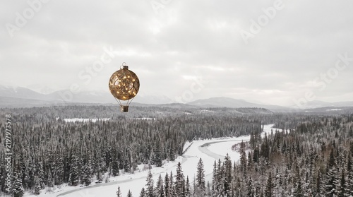 Golden Christmas ornament floating above a snowy forest