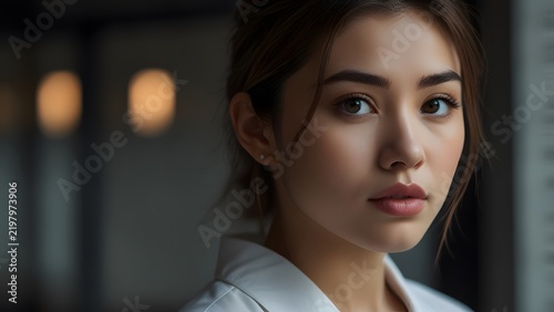 Close up portrait of an attractive young Asian woman with natural look in soft lighting