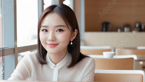 Charming young East Asian woman smiling gently in bright modern cafe workspace portrait