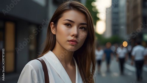 Portrait of a stylish young Asian female walking on modern urban city street outdoors