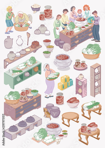 Kimjang Korean Kimchi Making Culture Vector Illustration with Diverse People for stickers and icons 