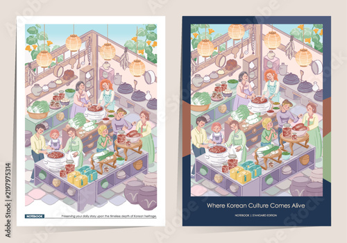 Kimjang Korean Kimchi Making Culture with Diverse People Notebook Template Set Vector Illustration