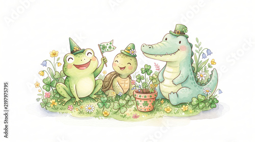 Cute Animals Celebrating St. Patrick's Day. animals wearing playful green hats and celebrating a cheerful seasonal holiday with shamrock leaves, flowers. children's watercolor illustration.