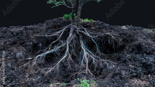 Scientific cutaway illustration of underground plant root growth in dark soil, showing fine branching structure and tree stability