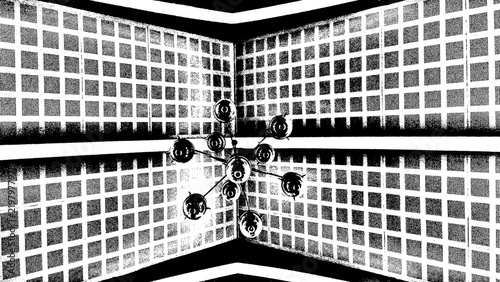 Foto High contrast monochrome digital illustration of a modern sputnik chandelier against a geometric grid ceiling background