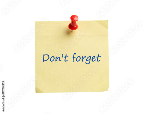 Canvastavla Yellow sticky note with don't forget message and solated on transparent backgr