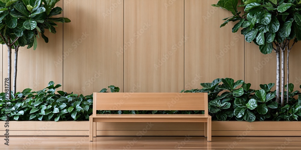 Fototapeta premium Minimalist wooden bench in modern interior with green